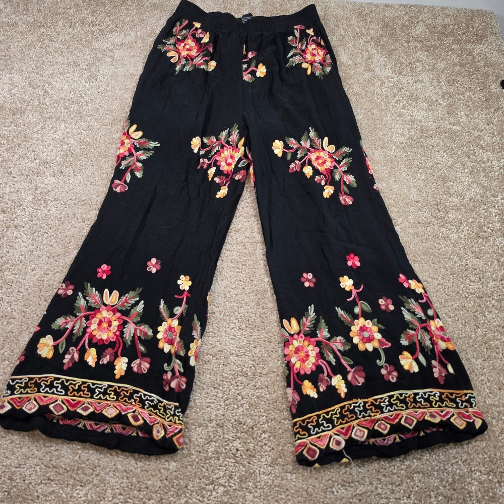 Liv Los Angeles Pants Floral Embroidered Black Rayon Boho Wide Leg PM